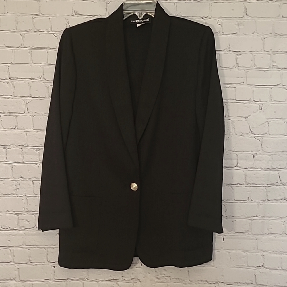 Vtg Black size 8 Single Gold Button 80's Boxy Blazer Shoulder Pads Pockets